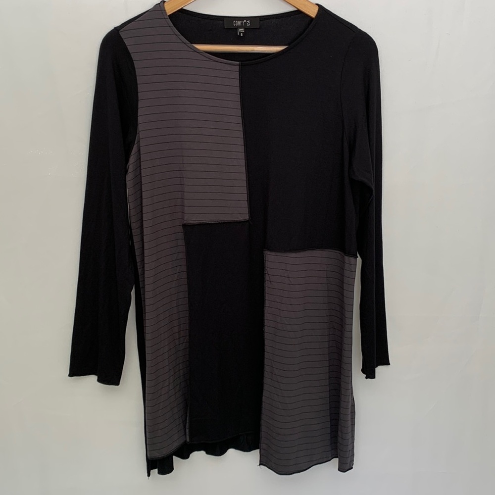 Comfy USA Long Sleeve Lagenlook Patchwork Tunic 3/4 Top Modal Grey Black Small
